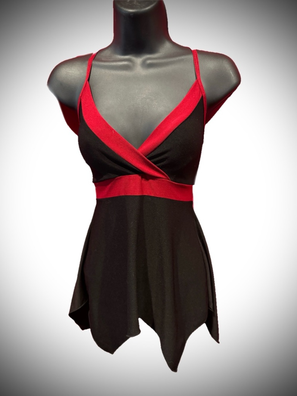 Black Y2K Handkerchief V-Neck Tank with Red Trim and Spaghetti Straps